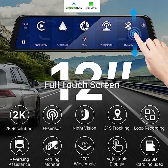 12" 4K Smart Dash Car Radio Video Player Wireless for Apple Carplay Android Car Touch Screen