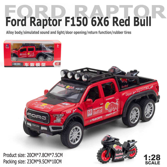 1 to 28 Ford Raptor Red Bull Edition+Motorcycle Motor can switch the door vehicle model