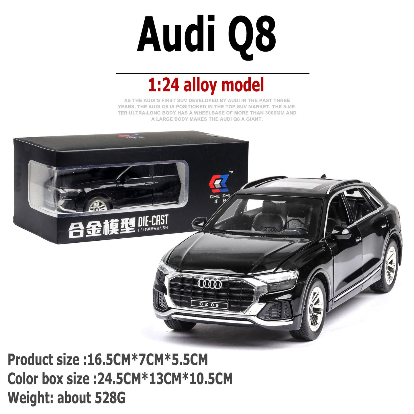 1:24 Audi Q8 large alloy car model off-road vehicle six-door with sound and light back