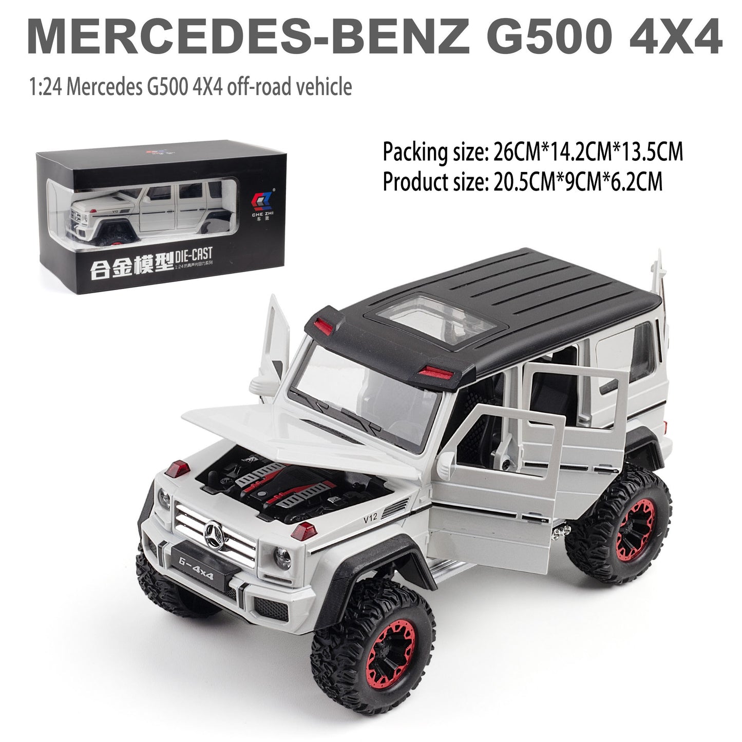 1:24 MERCEDES-BENZ G500 4X4 Mercedes-Benz G500 4X4 off-road vehicle large alloy car model off-road vehicle four-door with sound and light back
