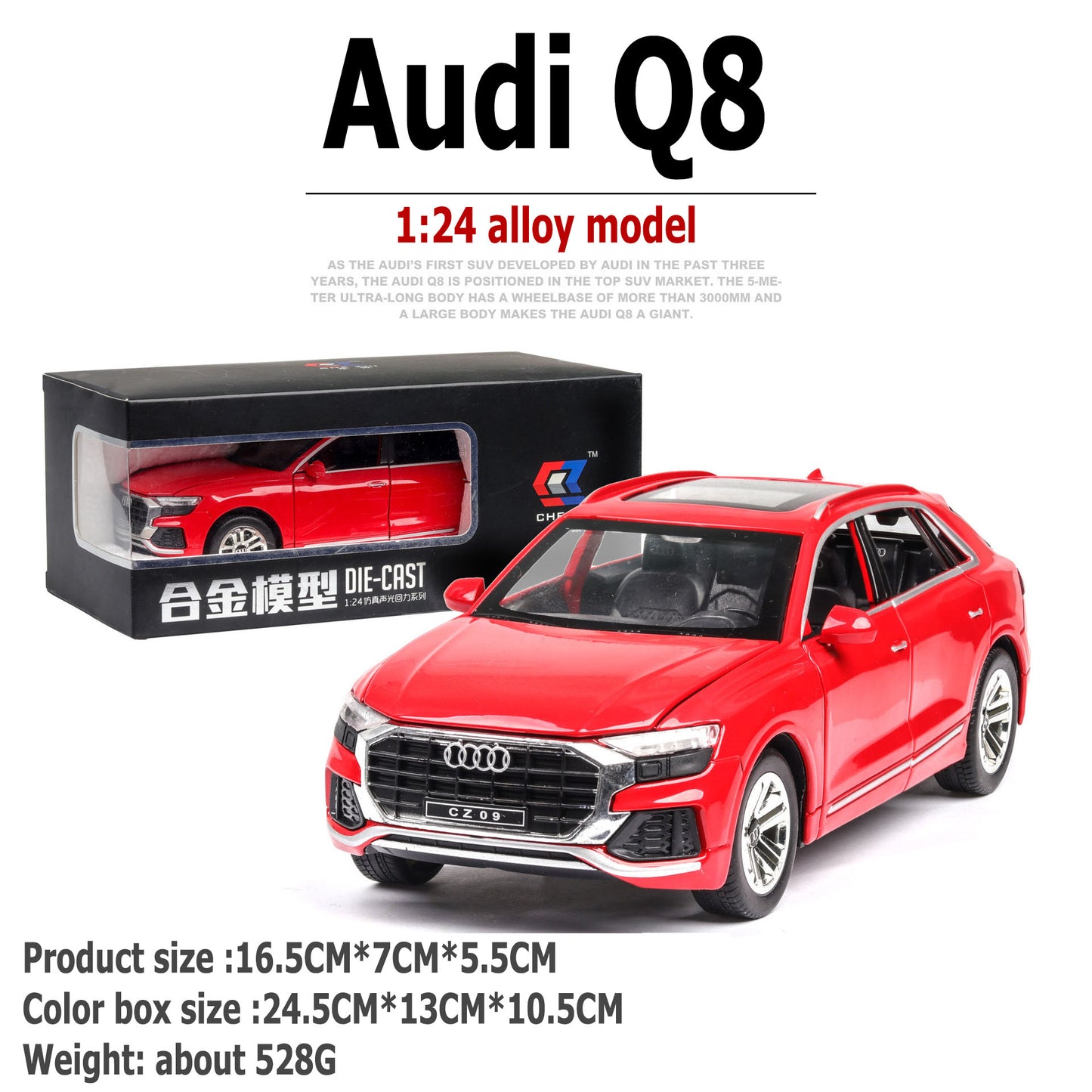1:24 Audi Q8 large alloy car model off-road vehicle six-door with sound and light back