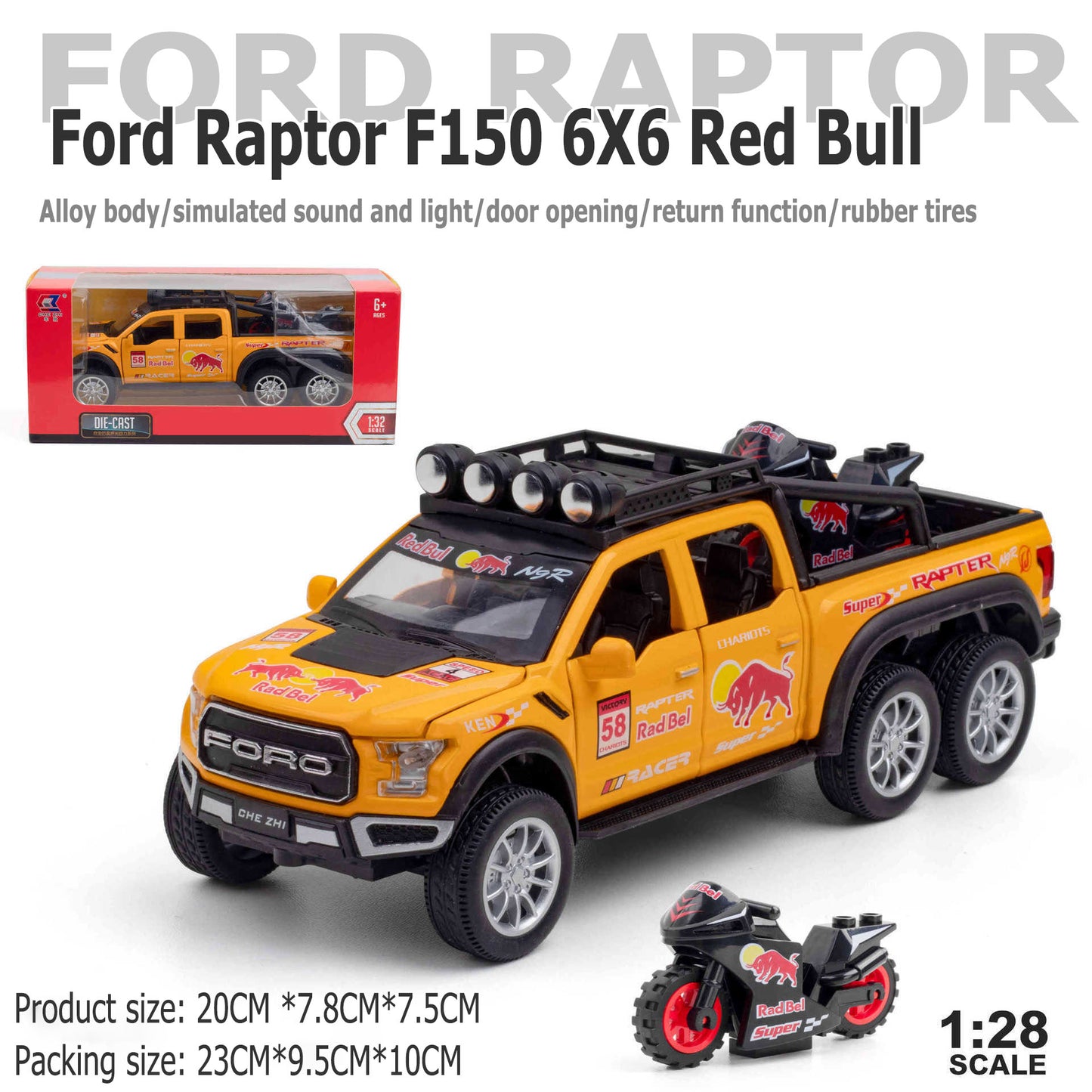 1 to 28 Ford Raptor Red Bull Edition+Motorcycle Motor can switch the door vehicle model